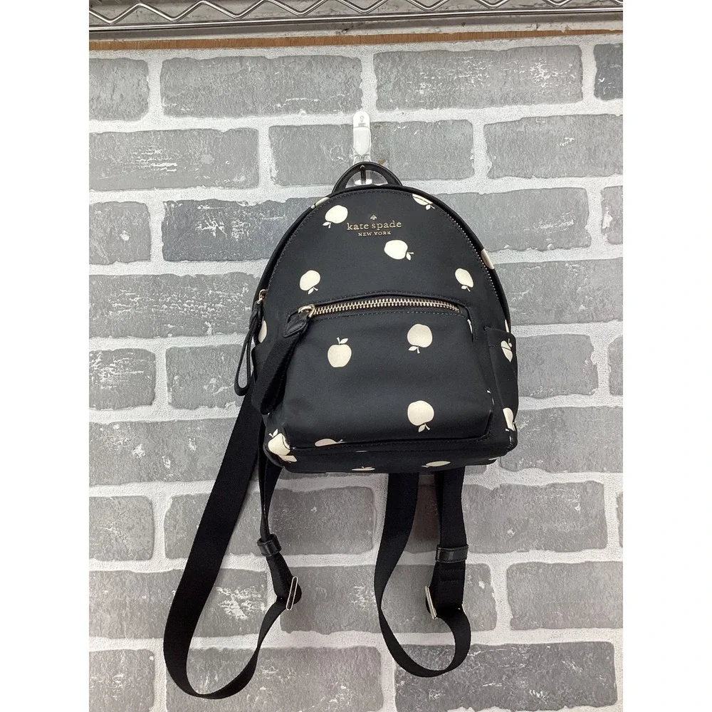 Kate Spade New York Mini Backpack Black Nylon Apple Print Gold Tone Hardware